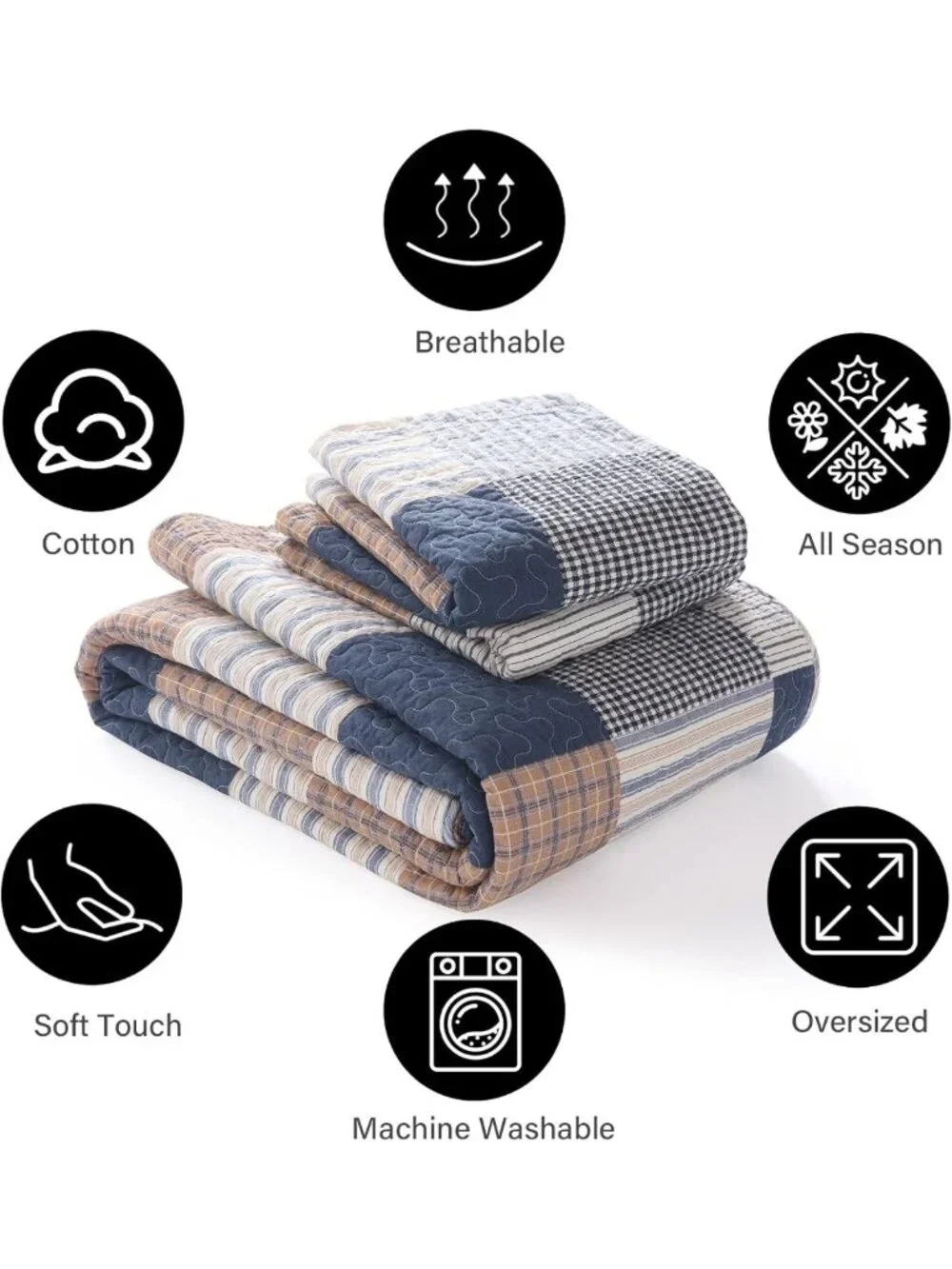 Cozy 100% Cotton Queen Quilt Set - Reversible Patchwork Plaid Bedding, Farmhouse
